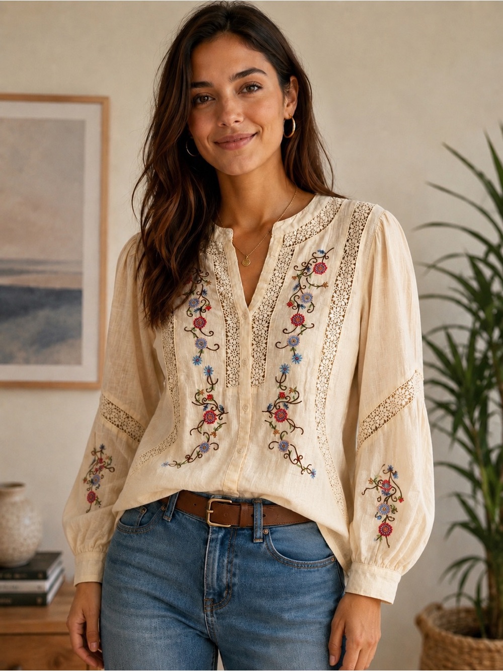Jennifer & Grace Embroidered Cream Peasant Blouse with Lace Trim